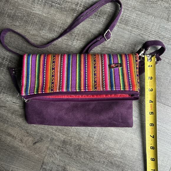 Peruvian Crossbody/Clutch Foldover Bag Purple with Rainbow Striping Wrist Strap - Picture 7 of 9
